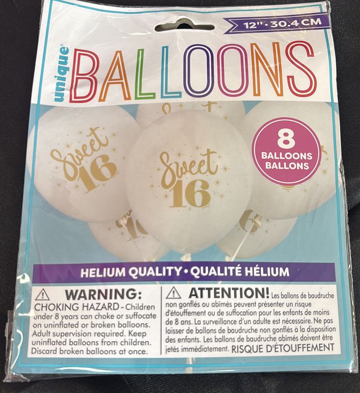 12" Balloons White Gold Sweet 16 8Ct