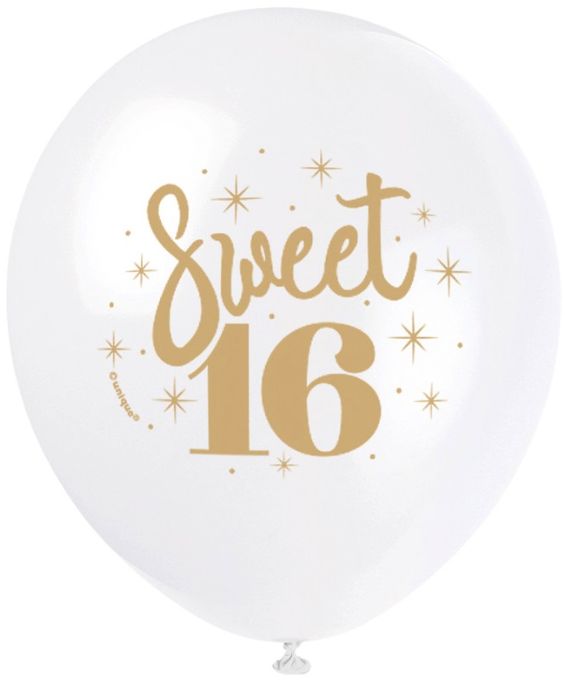 12" BALLOONS WHITE GOLD SWEET 16 8CT