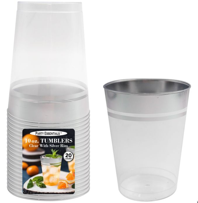 10OZ TUMBLER CLEAR W SILVER RIME 20CT