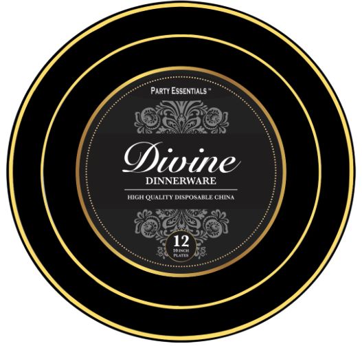 10" PLATES BLACK W GOLD TRIM 12PK