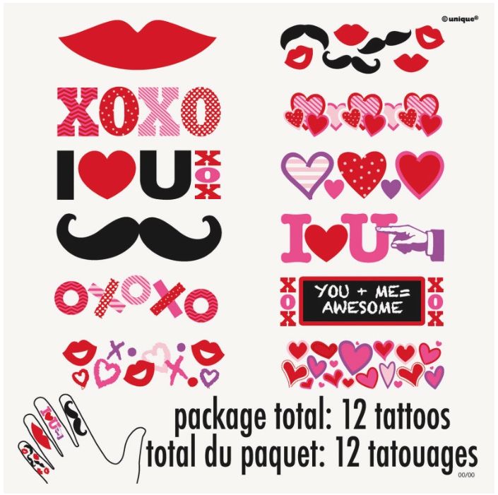 Love &amp; Hearts Finger Tattoos 12Ct