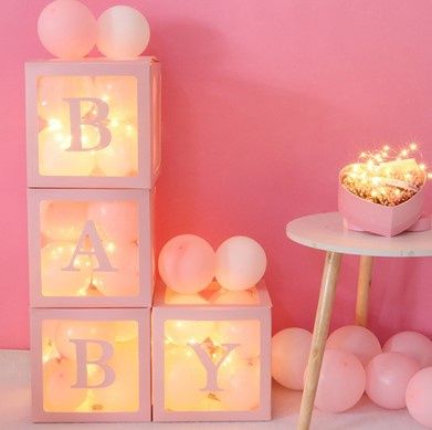PINK BALLOON BOX 4CT W/ STCKR BABY 12"