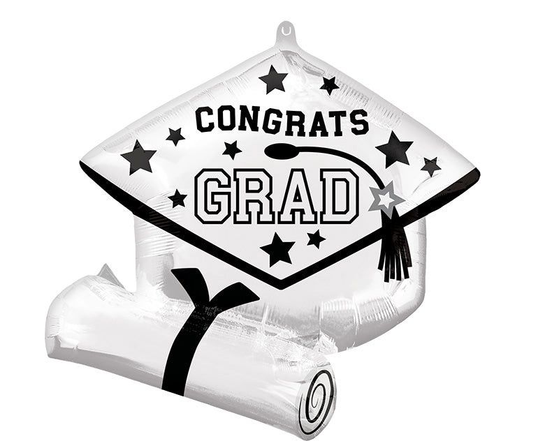 WHITE GRAD CAP FOIL BALLOON 25"