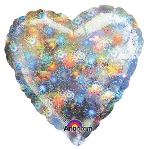 HOLO FIREWORKS HEART LARGE BALLOON 32"