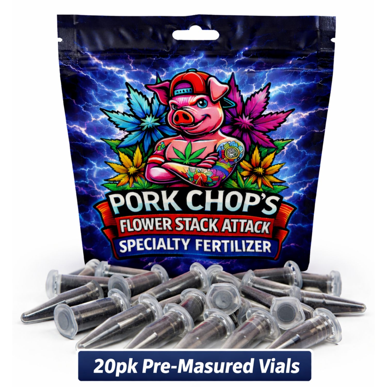 Pork Chop's Flower Stack Specialty Fertilizer &amp; Bloom Booster, Size: 20pk Pre-Measured Vials