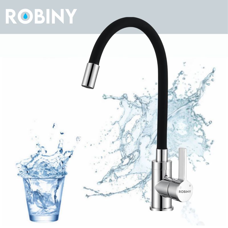 Robiny Keukenkraan - Chrome - Mat Zwart - Flexibele Siliconen Slang - 360° Draaibaar - 3/8&quot; aansluiting