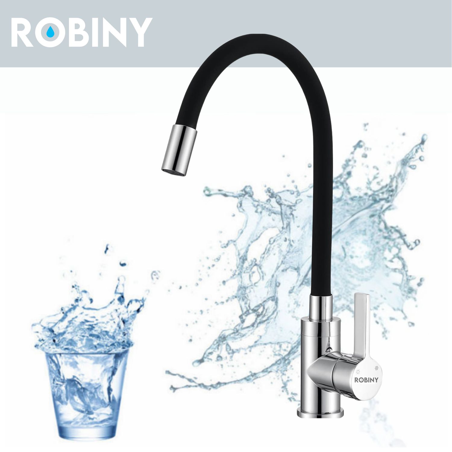 Robiny keukenkraan chroom met flexibele zwarte siliconen slang La Bora