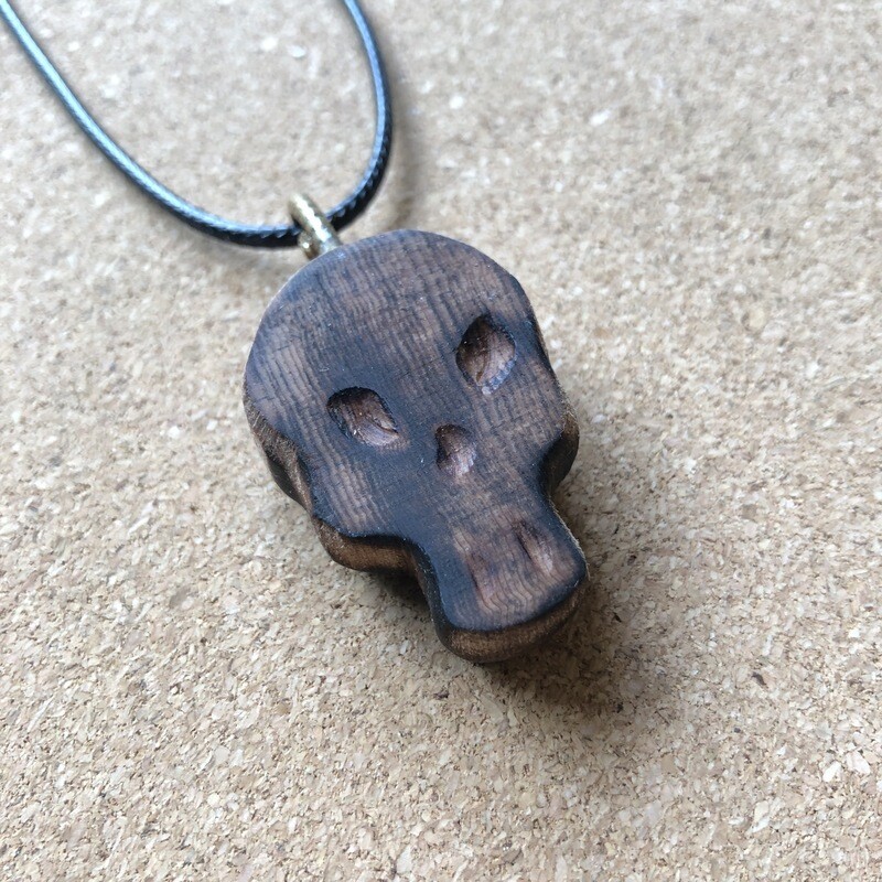 Hand Carved Chunky Wooden Skull Pendant