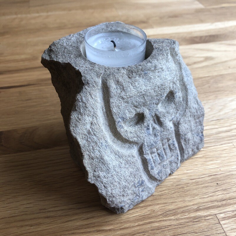 Carved Stone Skull Candle Holder