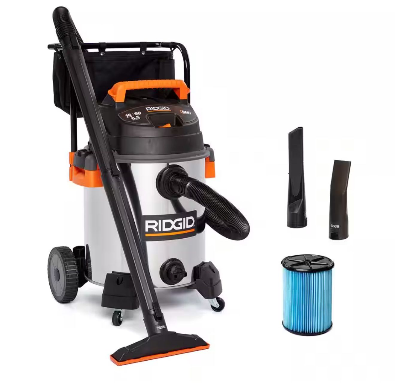 16 Gal. 6.5 Peak HP Stainless Steel Shop Vacuum Wet Dry Vac with Fine Dust Filter, Locking Hose and Attachments WD1956