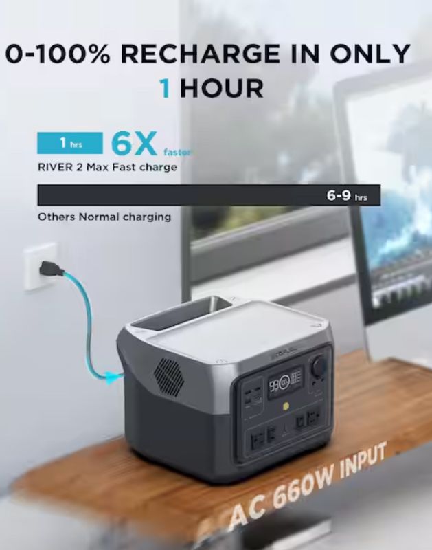 500W Output/1000W Peak Push-Button Start Battery Generator RIVER 2 Max, LFP Battery, Fast Charging for Outdoor, Camping