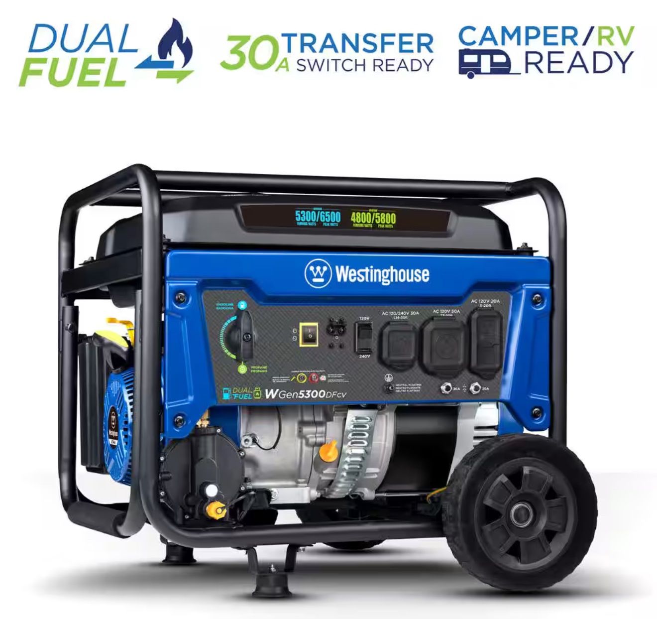 6,500/5,300-Watt Dual Fuel Gas and Propane Powered Portable Generator with Digital Display, 30A 120/240V Outlet