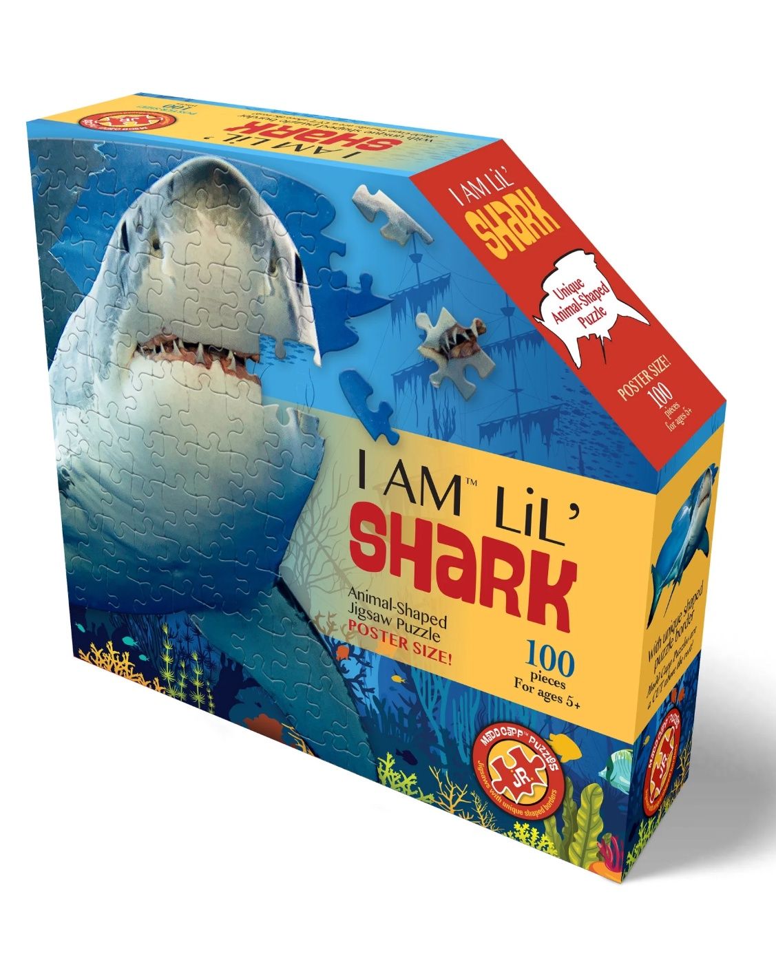 Madd Capp LiL&#39; SHARK 100 Piece Jigsaw Puzzle For Ages 5+ - 4013 - Unique Animal-Shaped Border, Poster Size when completed, Oversized Puzzle Pieces For Easy Handling, Includes Educational Fun Facts