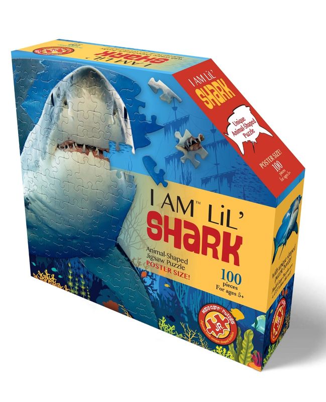 Madd Capp LiL&#39; SHARK 100 Piece Jigsaw Puzzle For Ages 5+ - 4013 - Unique Animal-Shaped Border, Poster Size when completed, Oversized Puzzle Pieces For Easy Handling, Includes Educational Fun Facts