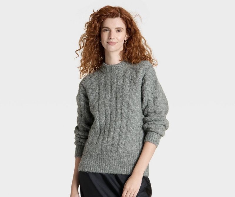Women's Round Neck Cabled Sweater - A New Day™ Heather