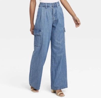 Universal Thread Women’s Sz 14 Wide Leg Denim Cargo Trousers Medium Wash New