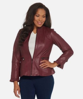 Isaac Mizrahi Bordeaux Red Peplum Leather Jacket Ruffle Sleeve