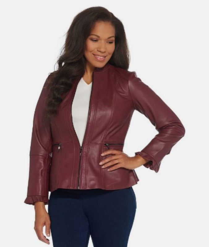 Isaac Mizrahi Bordeaux Red Peplum Leather Jacket Ruffle Sleeve
