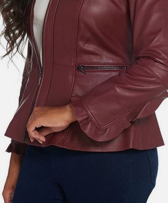 Isaac Mizrahi Bordeaux Red Peplum Leather Jacket Ruffle Sleeve