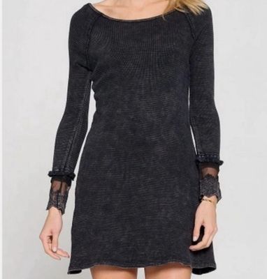 Able Dress Womens Black Stone Wash Thermal Waffle Knit Lace Cuffs Grunge