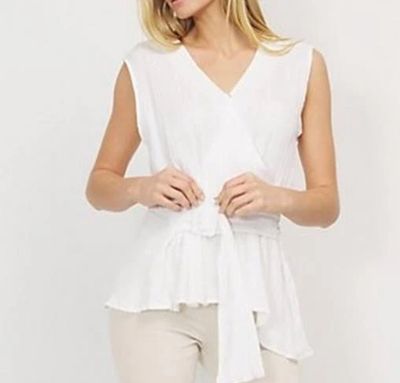 Bob Mackie Bark Mock Wrap Peplum sleeveless Top with Belt WHITE
