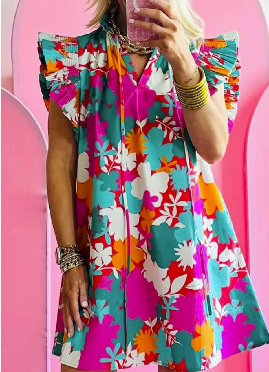 Vibrant Vibes Multi-Color Flutter Sleeve Dress, Size: M