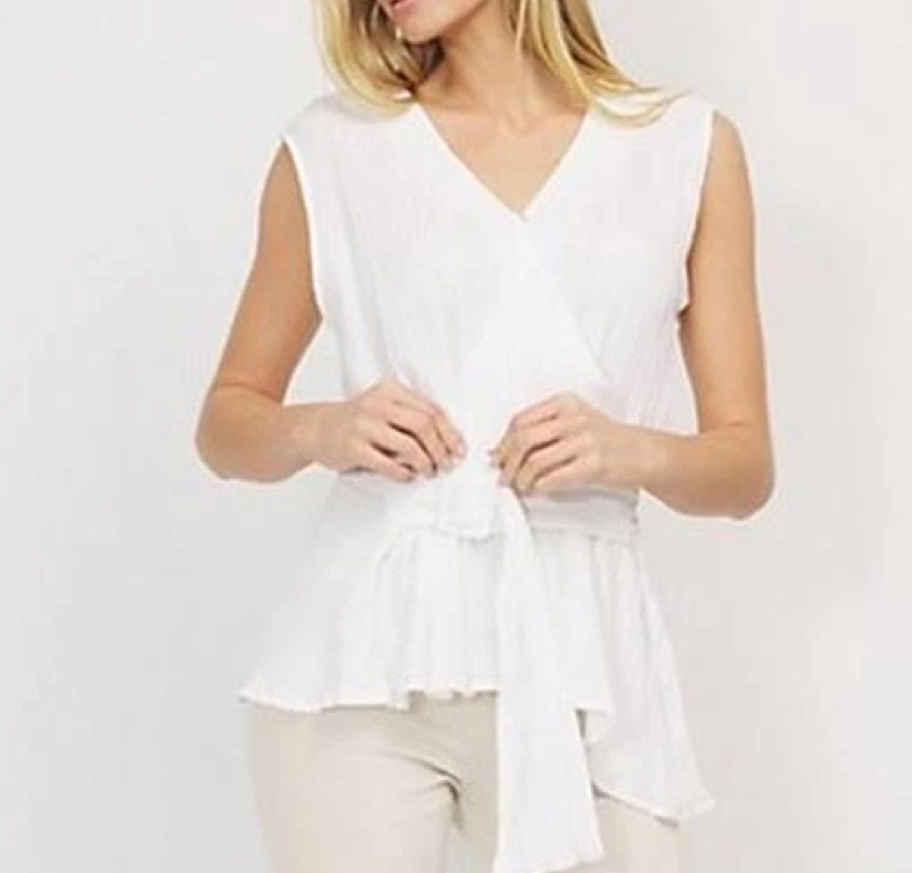 Bob Mackie Bark Mock Wrap Peplum sleeveless Top with Belt WHITE, Size: S