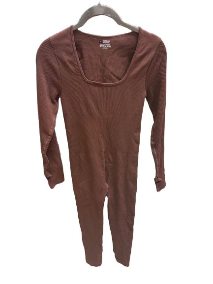brown ribbed long-sleeve seamless square-neck jumpsuit with thumbholes