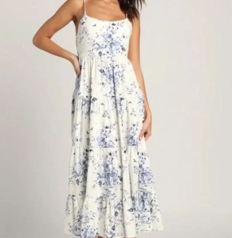Mykonos Mood Ivory Floral Print Tie-Strap Tiered Midi Dress