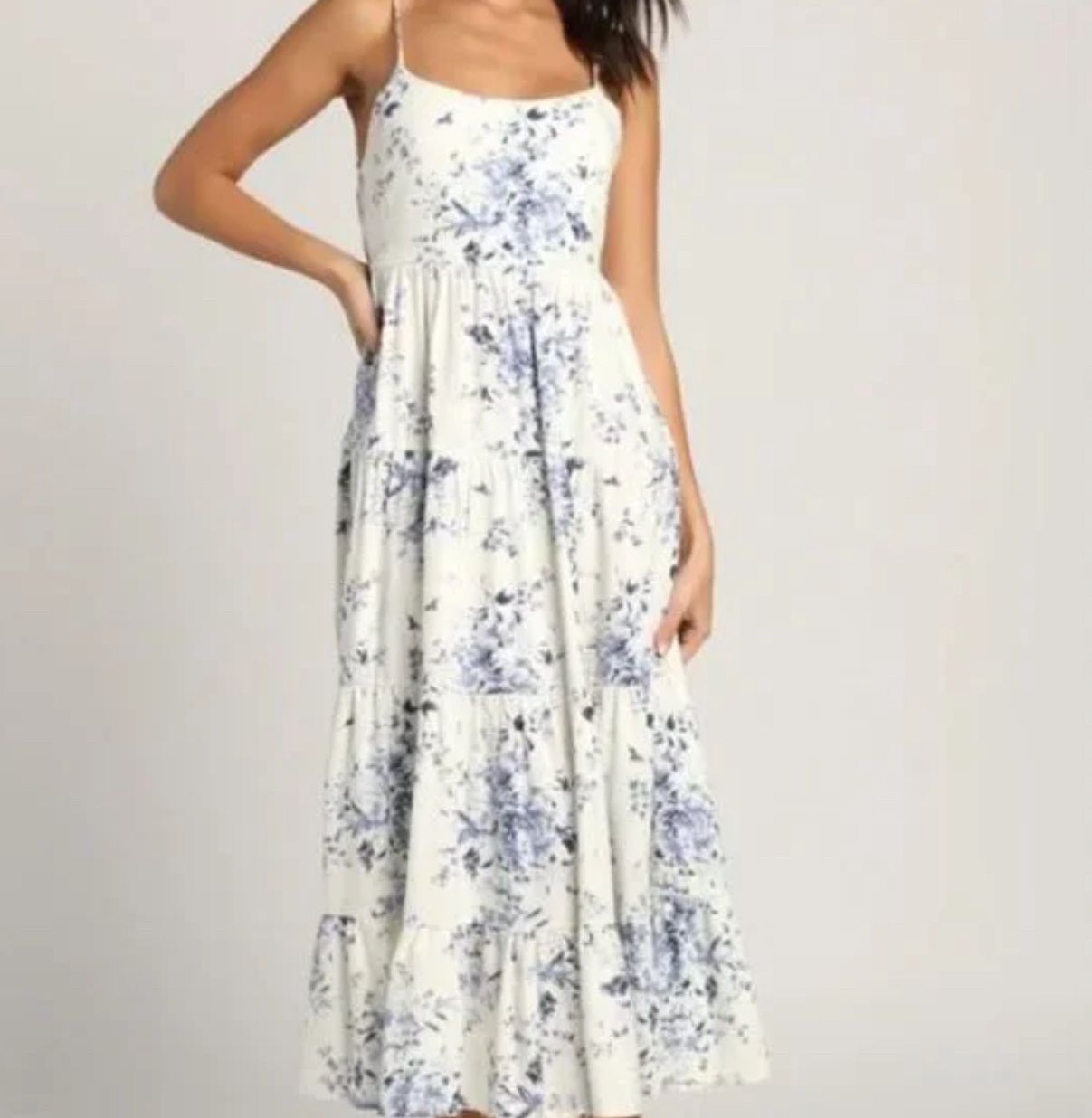Mykonos Mood Ivory Floral Print Tie-Strap Tiered Midi Dress, Size: S