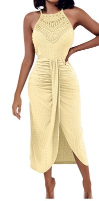 Summer Halter Dress Sleeveless Eyelet Embroidery Midi Dresses