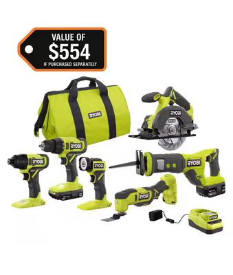 ONE+ 18V Cordless 6-Tool Combo Kit with 1.5 Ah Battery, 4.0 Ah Battery, and Charger