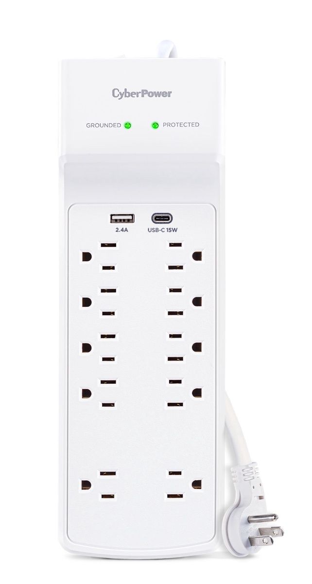 CyberPower P1004UC - 3600 J White Surge Protector Power Strip, 1 USB-A and 1 USB-C Port, 10 Outlets, 4 ft Extension Cord