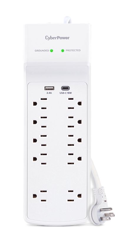 CyberPower P1004UC - 3600 J White Surge Protector Power Strip, 1 USB-A and 1 USB-C Port, 10 Outlets, 4 ft Extension Cord