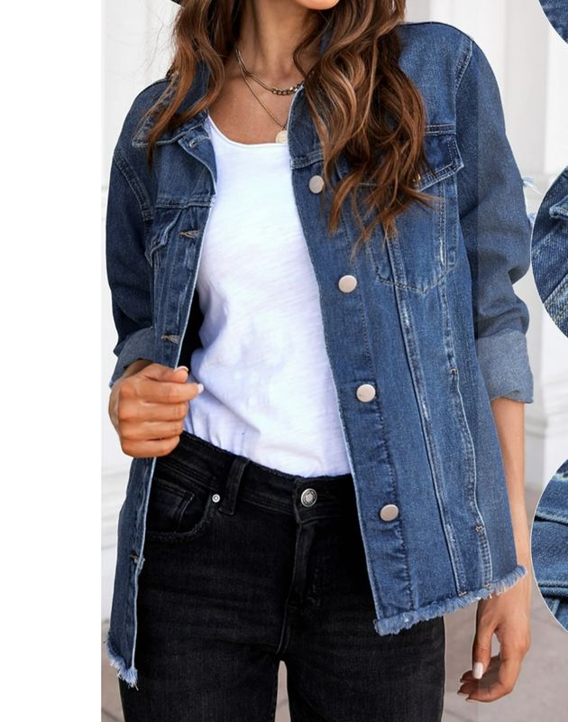 Eytino Ladies Jean Jacket Long Sleeve Distressed Washed Button Up Boyfriend Denim Jacket Coat with Pockets Blue S-2XL