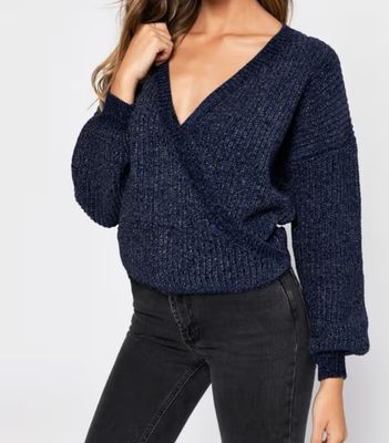 Blue Sweater - Wrap Sweater - Navy Sweater With V-Neckline