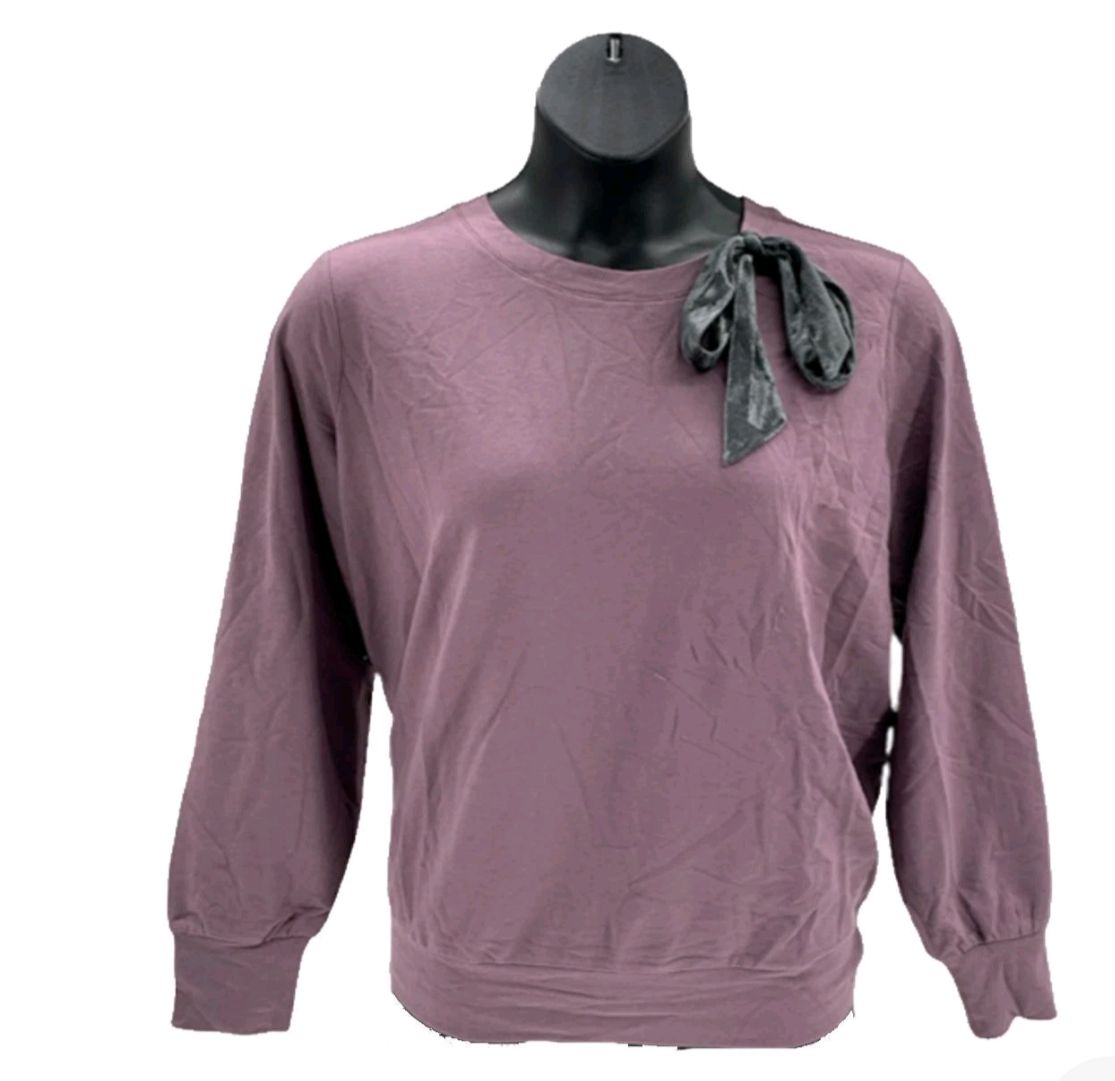 AnyBody French Terry Pullover with Neck Bow Faded Plum, Size: M