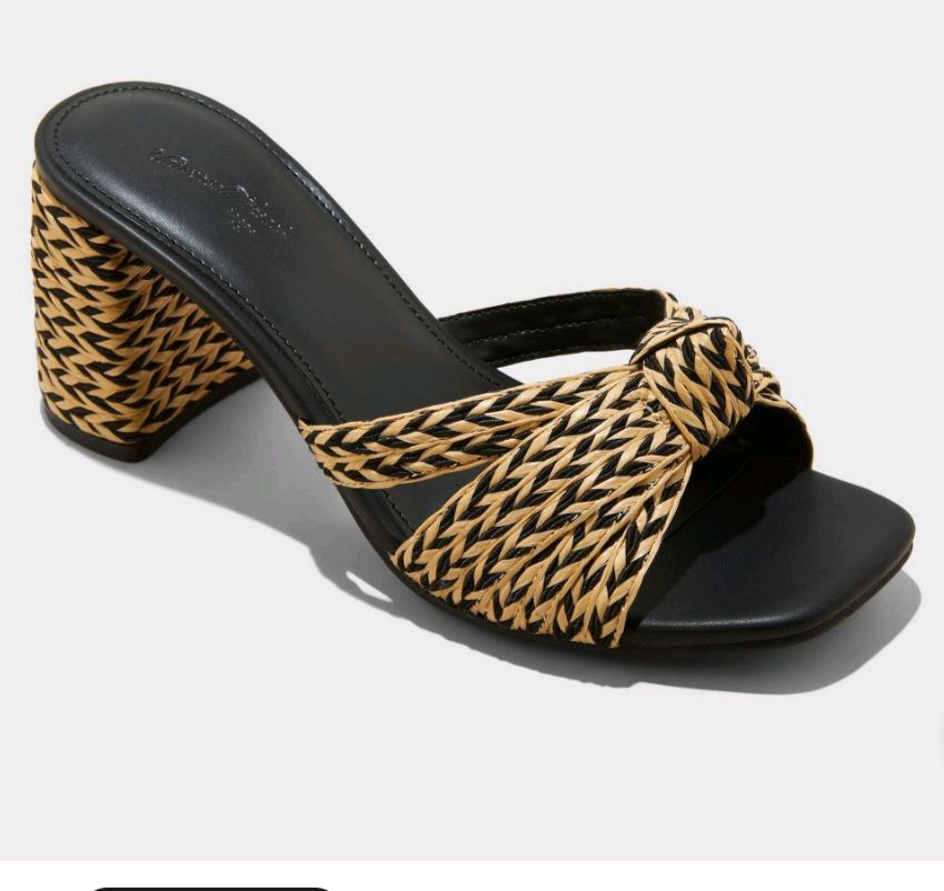 Women's Aaliyah Raffia Strappy Knot Sandal Heels - Universal Thread Cognac 7: Block Heel,, Color: Beige, Size: 8.5