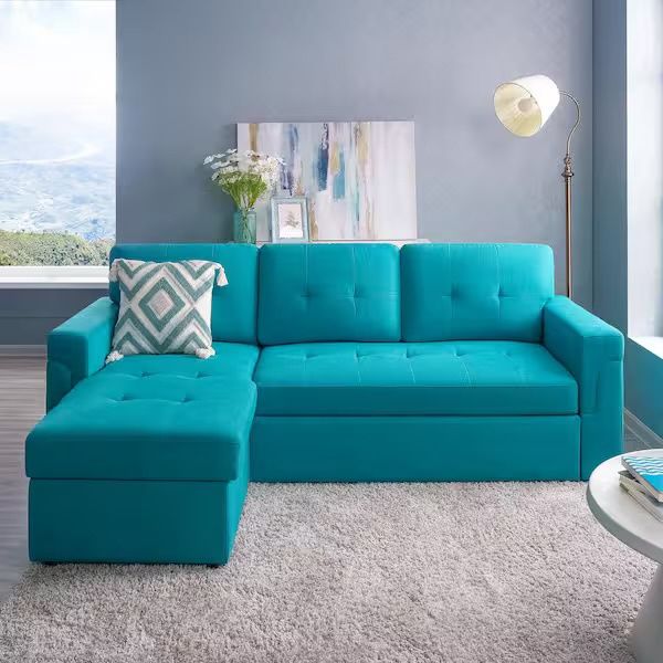 84.64 in. Velvet L-Shaped Sleeper Sectional Sofa in Teal with Square Arms, Reversible Chaise and Pull-Out Sofa Bed