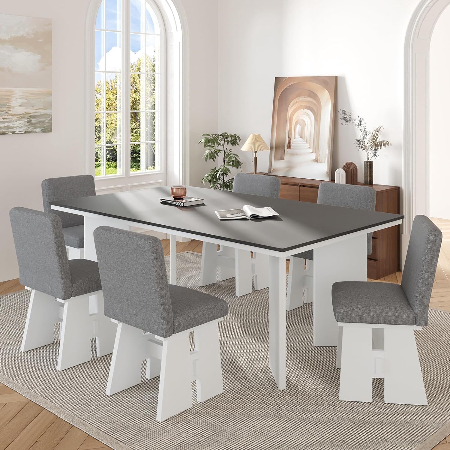 Modern 7-Piece Dining Table Set, 1 Rectangular Dining Table with 6 Upholstered Dining Chairs for Dining Room and Kitchen