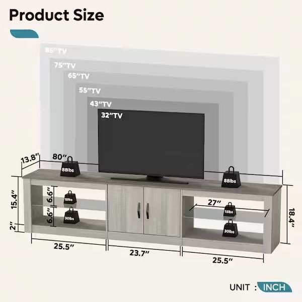 80 in. Light Grey TV Stand Fits TV's Up to 85 in. with Cabinet and Adjustable Glass Shelves