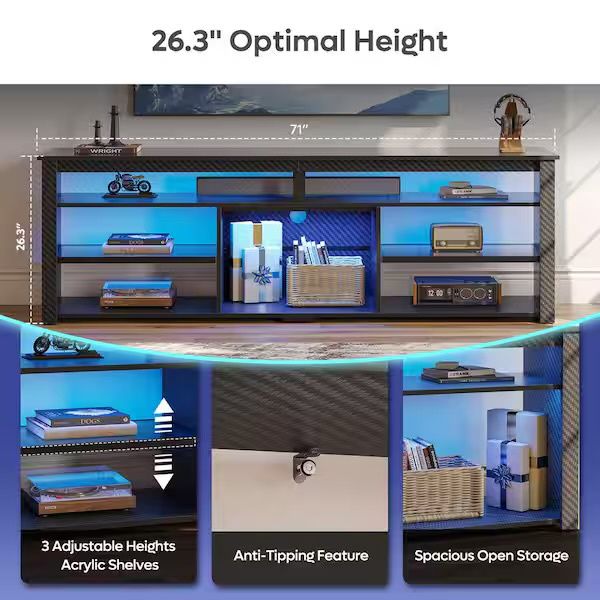 71 in. Carbon Fiber Black TV Stand FIts TV's Up to 75 in. LED Entertainment Center with Adjustable Shelve and Cabinet