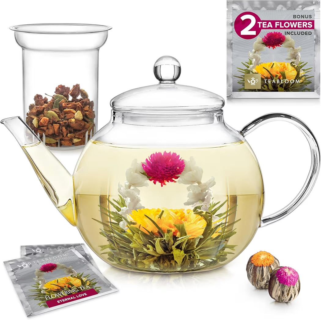Teabloom Stovetop &amp; Microwave Safe Glass Teapot with Removable Loose Tea Glass Infuser