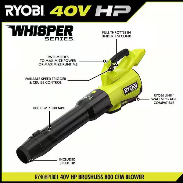 RY40HPLB01K  40V HP Brushless Whisper Series 180 MPH 800 CFM Cordless Battery Leaf Blower with 8.0 Ah Battery and Charger