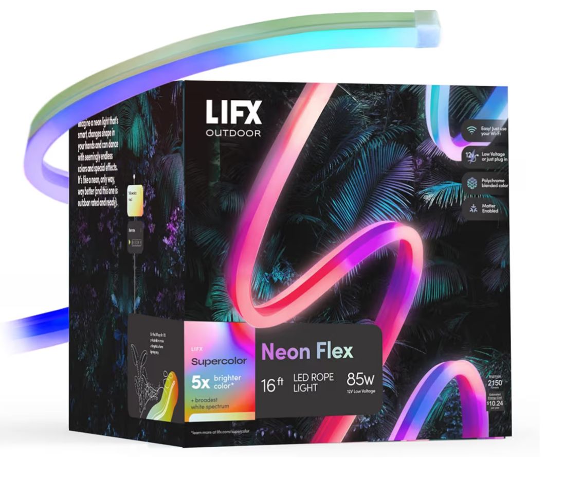 LIFX Supercolor Neon Flex Outdoor Smart Rope Light, 16ft RGBW LED Strip with Polychrome Technology, 60 Addressable Zones, Bendable Silicone, Wi-Fi, Works with Alexa, Google, HomeKit, LFXNEON16/WP