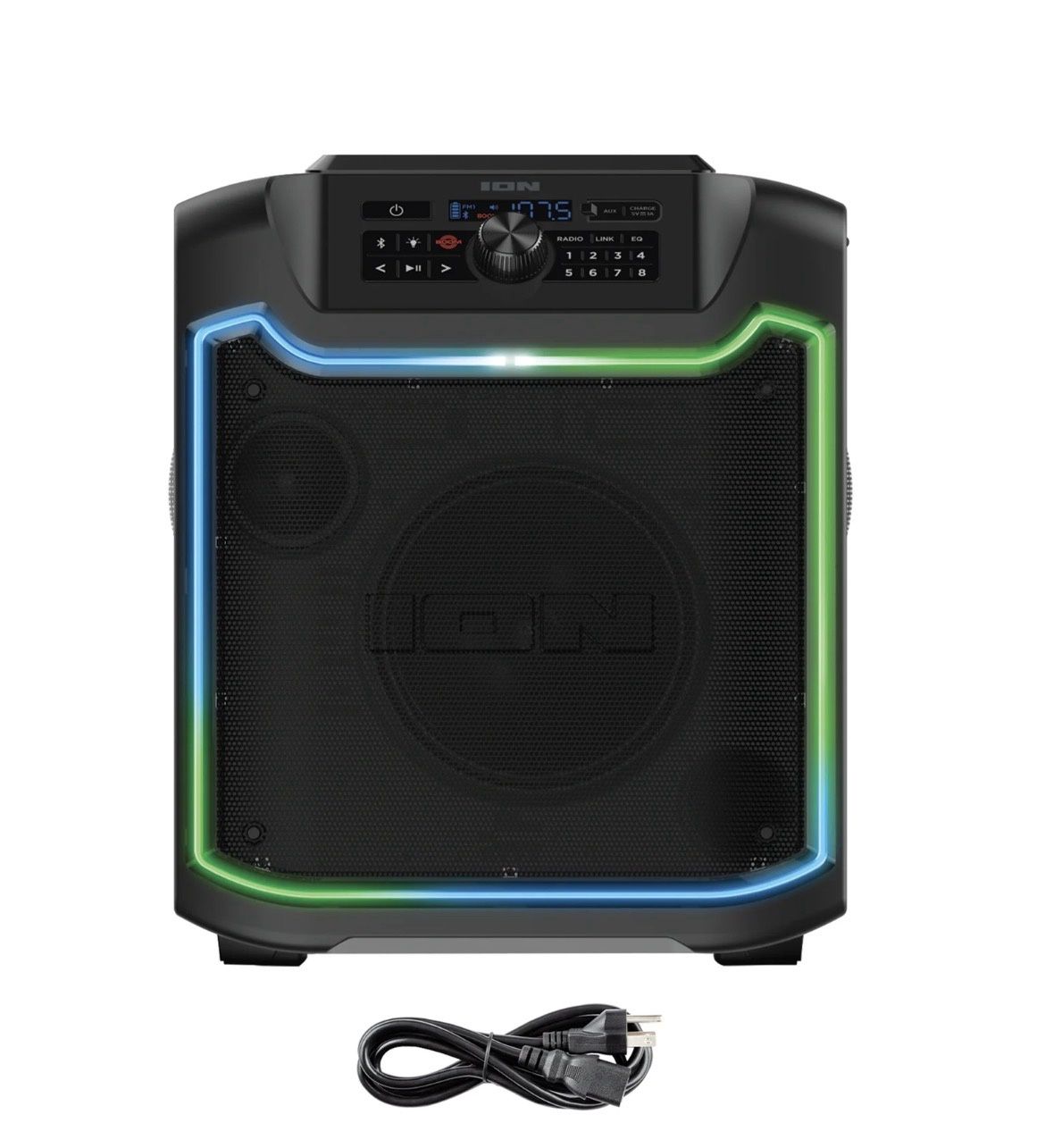 ION iPA125C Pathfinder 280° 8-In. 120-Watt All-Weather Bluetooth Rechargeable Speaker with FM Radio and LED Lighting, Condition: Used-like new