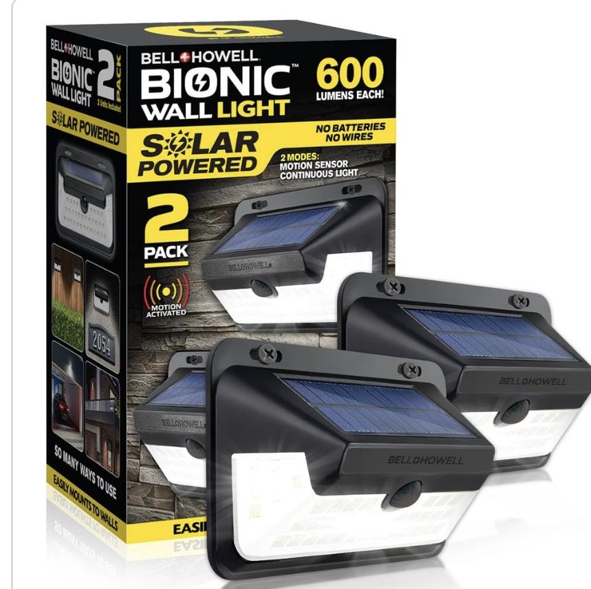 Bell + Howell 9-Watt Equivalent 600 Lumens Integrated LED Black Motion Activated Integrated LED Solar Bionic Wall Pack Light (2-Pack)