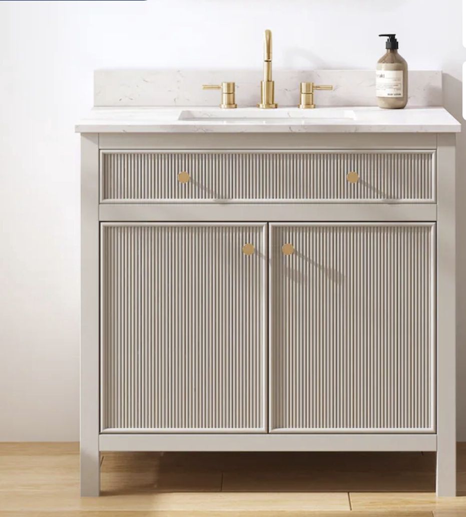 Sandbanks 36-in Flaxen Greige Undermount Single Sink Bathroom Vanity with White Enginee..