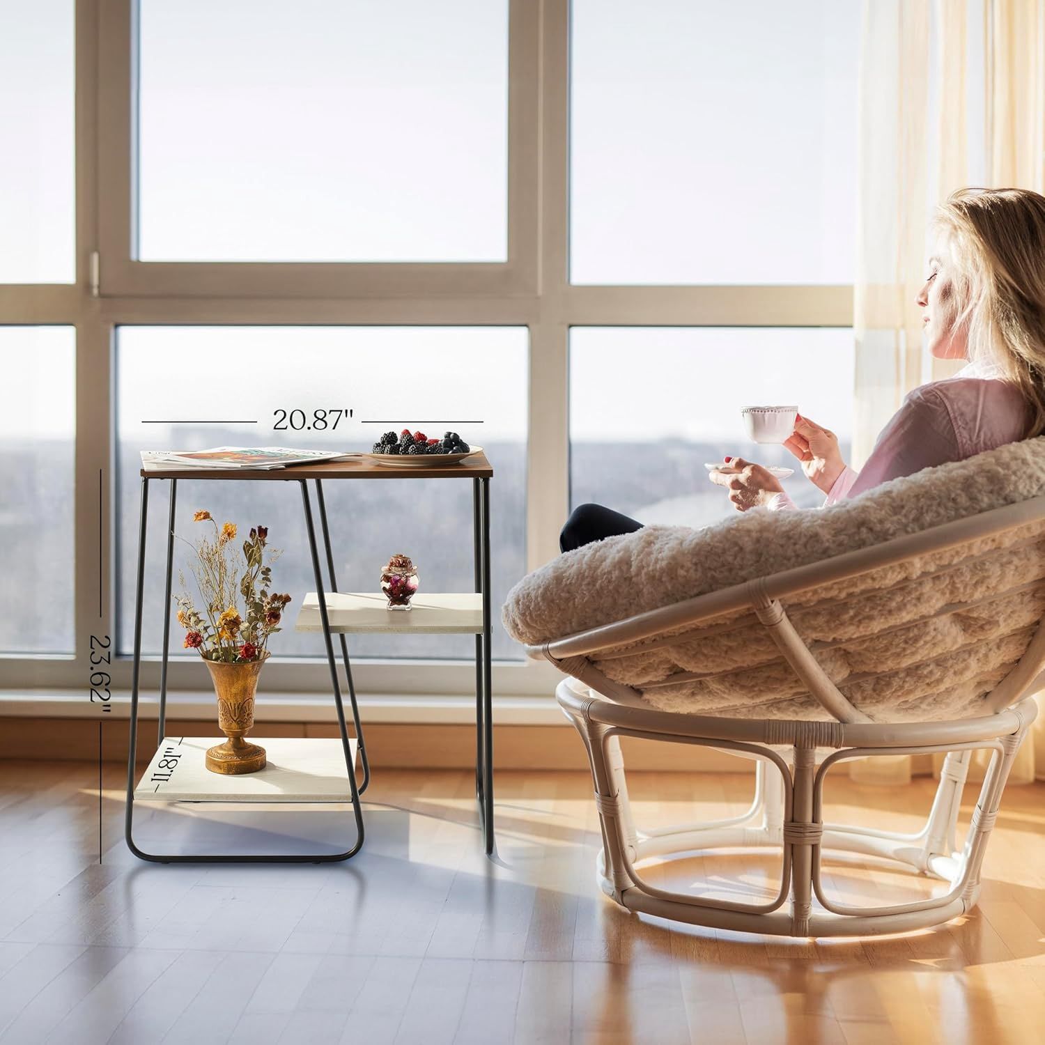 Narrow Side Table, Square End Tables Living Room, Modern Wood Nightstand Large Bedside Table