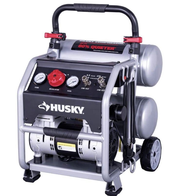 Husky 4.5 Gal. 175 PSI Portable Electric Oil-Free Quiet Twin Stack Jobsite Air Compressor w/Rubber Wheels and 2-Quick Couplers, Condition: New